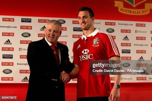 British & Irish Lions head coach Warren Gatland with his captain Sam Warburton during the squad announcement at the London Hilton Syon Park,...