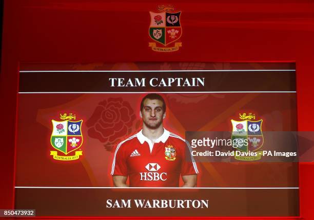 Video screen displays Sam Warburton as tour captain during the squad announcement at the London Hilton Syon Park, Middlesex.