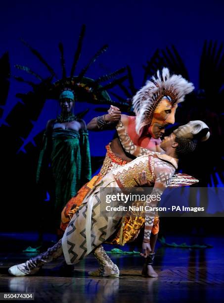 Carol Stennett as Nala and Nicholas Nkuna as Simba from Disney's The Lion King stage show, take part in a photocall before the opening night on...