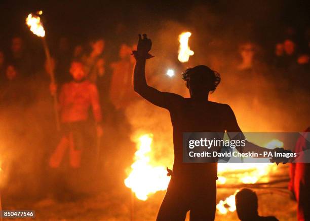 Performance groups on Calton Hill, Edinburgh during the Beltane Fire Festival.