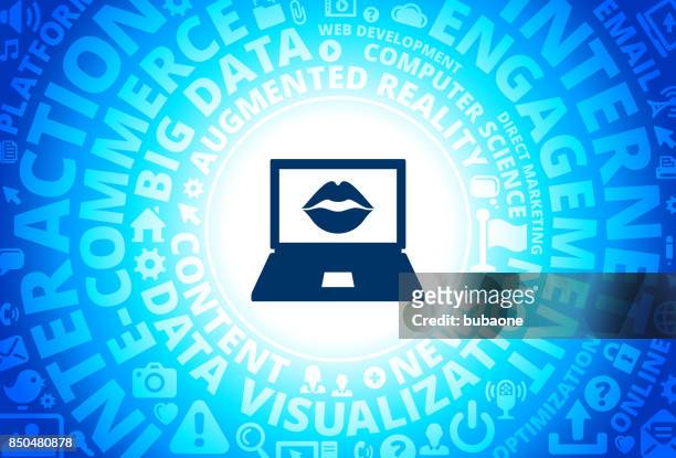 laptop screen and lips icon on internet modern technology words background - word of mouth stock illustrations