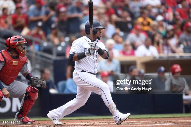 Erick Aybar of the San Diego Padres hits during the game against the St Louis Cardinals at Petco Park on September 4, 2017 in San Diego, California.