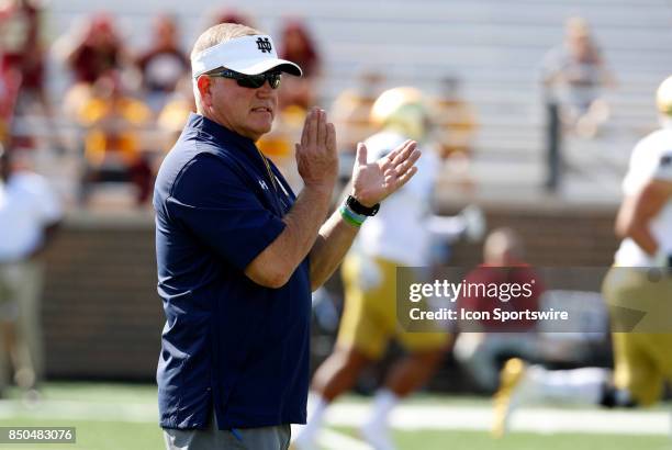 Notre Dame head coach Brian Kelly before a game between the Boston College Eagles and the Notre Dame Fighting Irish on September 16 at Alumni Stadium...