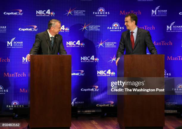 Republican candidate Ed Gillespie, left, and Lt. Gov. Ralph Northam, Democrat, greet each other before the start of the Gubernatorial debate on...