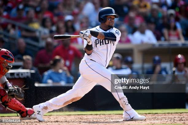 Erick Aybar of the San Diego Padres hits during the game against the St Louis Cardinals at Petco Park on September 4, 2017 in San Diego, California.