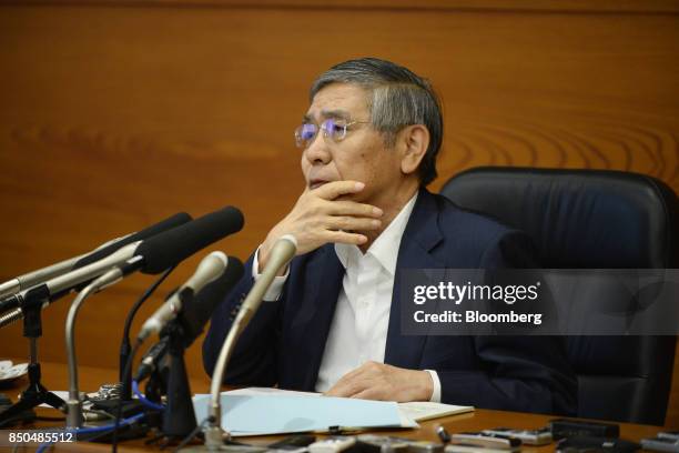 Haruhiko Kuroda, governor of the Bank of Japan , pauses during a news conference in Tokyo, Japan, on Thursday, Sept. 21, 2017. Just hours after the...