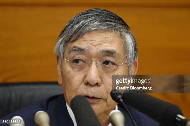 Haruhiko Kuroda, governor of the Bank of Japan , speaks during a news conference in Tokyo, Japan, on Thursday, Sept. 21, 2017. Just hours after the...