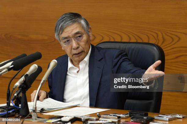 Haruhiko Kuroda, governor of the Bank of Japan , gestures during a news conference in Tokyo, Japan, on Thursday, Sept. 21, 2017. Just hours after the...