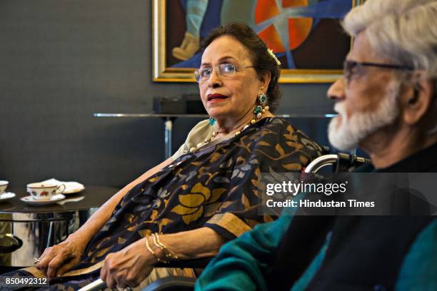 Padma Vibhushan awardee and artist Satish Gujral with his wife Kiran Gujral during an exclusive interview with HT City-Hindustan Times, at his...