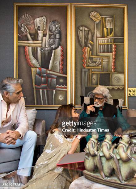 Navin Ansal, Raseel Gujral, Padma Vibhushan awardee and artist Satish Gujral during an exclusive interview with HT City-Hindustan Times, at his...