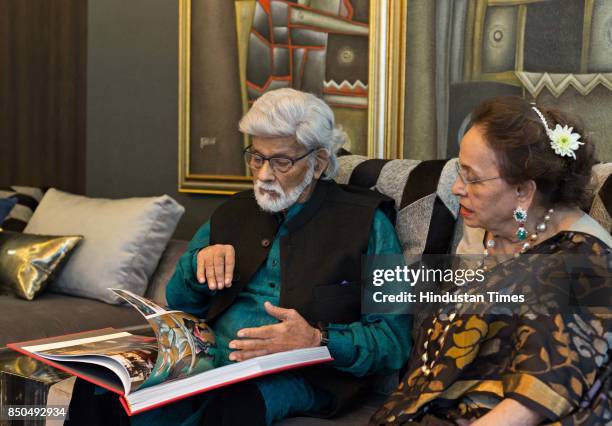 Padma Vibhushan awardee and artist Satish Gujral with his wife Kiran Gujral during an exclusive interview with HT City-Hindustan Times, at his...