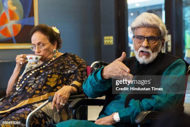 Padma Vibhushan awardee and artist Satish Gujral with his wife Kiran Gujral during an exclusive interview with HT City-Hindustan Times, at his...