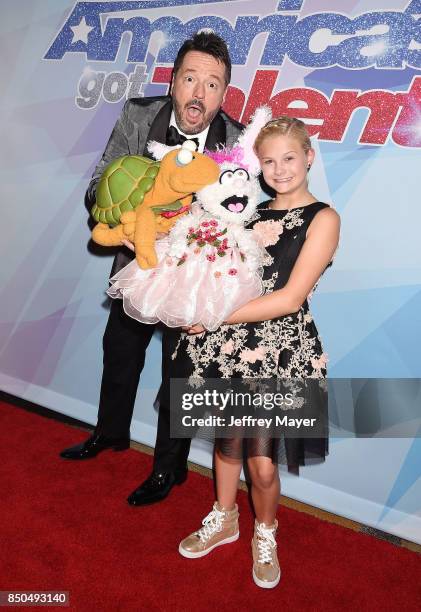 Ventriloquists Darci Lynne Farmer and Terry Fator attend NBC's 'America's Got Talent' Season 12 Finale at the Dolby Theatre on September 20, 2017 in...