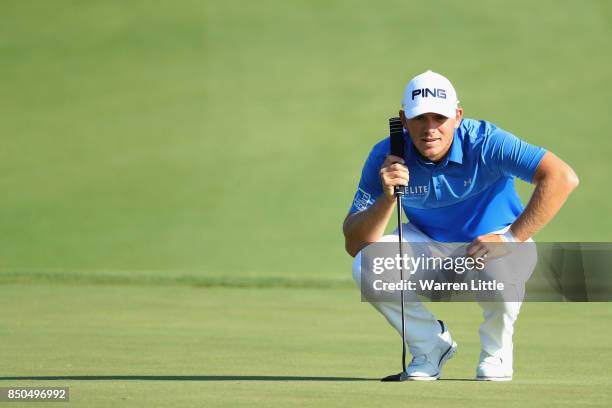 Matt Wallace of England on the 15th green during day one of the 2017 Portugal Masters at Oceanico Victoria Golf Club on September 21, 2017 in...