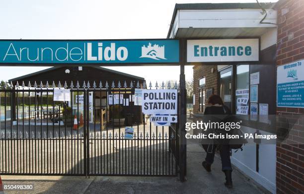 Woman walks into the polling station at Arundel Lido in West Sussex, as voters go to the polls in local elections.