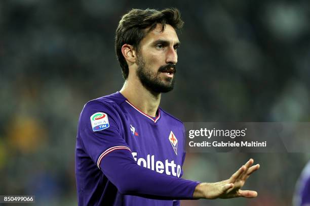 Davide Astori of ACF Fiorentina gestures during the Serie A match between Juventus and ACF Fiorentina on September 20, 2017 in Turin, Italy.