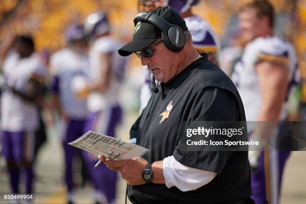 Minnesota Vikings Offensive Line coach Tony Sparano looks on during an NFL football game between the Minnesota Vikings and the Pittsburgh Steelers on...