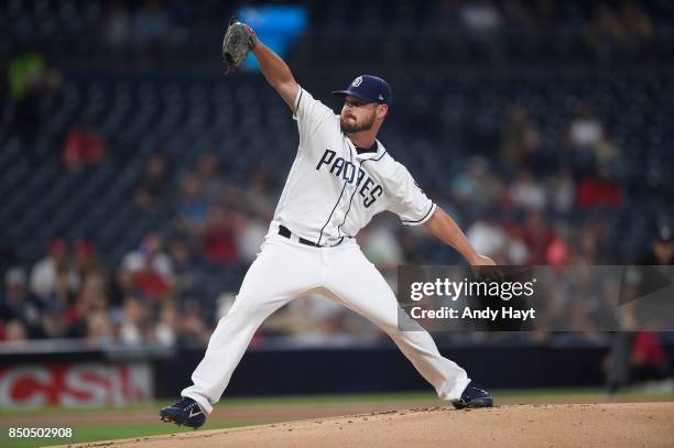 Travis Wood of the San Diego Padres pitches during the game against the St Louis Cardinals at Petco Park on September 5, 2017 in San Diego,...