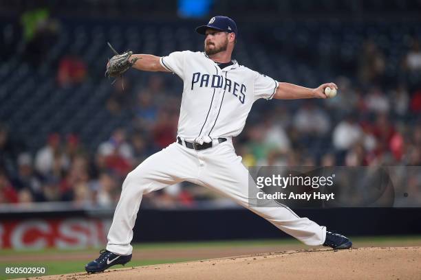 Travis Wood of the San Diego Padres pitches during the game against the St Louis Cardinals at Petco Park on September 5, 2017 in San Diego,...