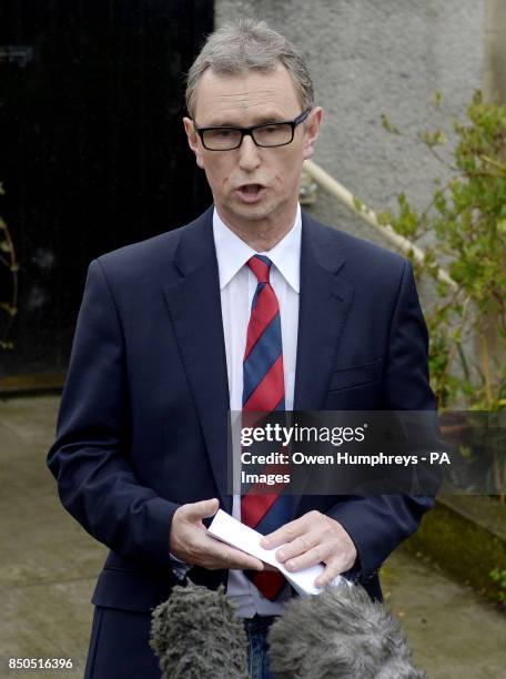 Deputy House speaker Nigel Evans gives a press statement at his home in Pendleton Lancashire, where he said today that allegations he raped one man...