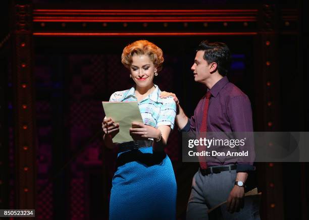 Amy Lehpamer and Mat Verevis perform the roles of Cynthia Weil and Barry Mann during rehearsal for Beautiful: The Carole King Musical at Lyric...