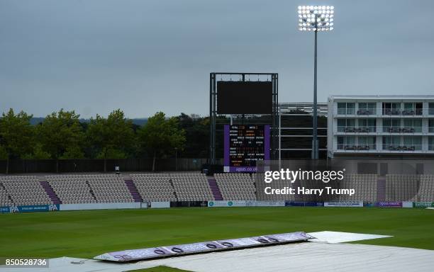 General view as bad light delays the start of play during Day Three of the Specsavers County Championship Division One match between Hampshire and...