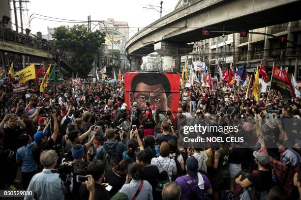 Activists surround the effigy to be burned during a protest against Philippine President Rodrigo Duterte near the Malacanang palace in Manila on...