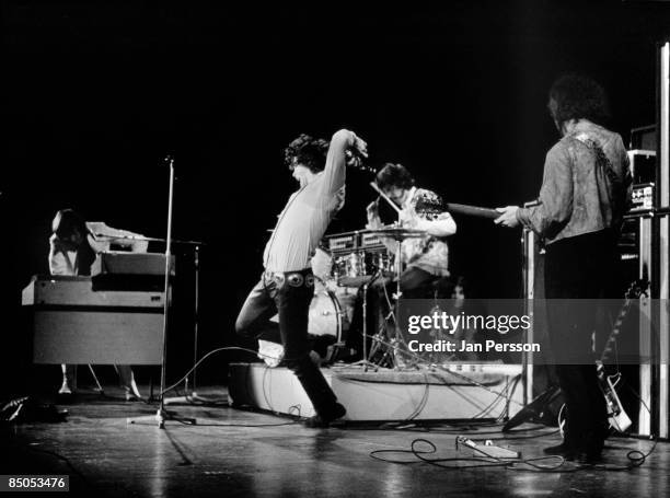 1st SEPTEMBER: American rock group The Doors perform on stage in Denmark in September 1968. Left to right: Ray Manzarek , Jim Morrison , John...