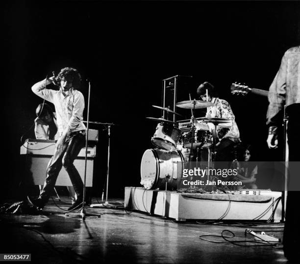 1st SEPTEMBER: American rock group The Doors perform on stage in Denmark in September 1968. Left to right: Jim Morrison , John Densmore and Robbie...