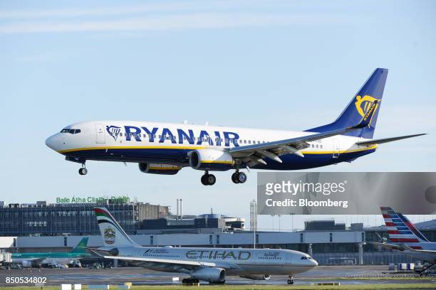 Boeing Co. 737 passenger aircraft, operated Ryanair Holdings Plc, comes in to land at Dublin Airport in Dublin, Ireland, on Thursday, Sept. 21, 2017....