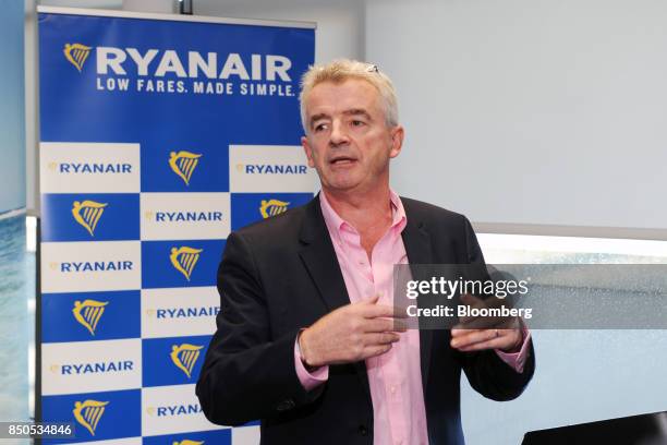 Michael O'Leary, chief executive officer of Ryanair Holdings Plc, gestures ahead of the company's annual general meeting in Dublin, Ireland, on...
