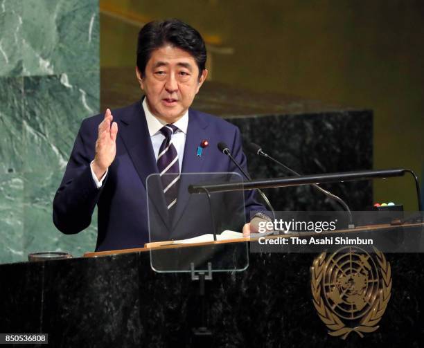 Japanese Prime Minister Shinzo Abe addresses during the United Nations General Assembly at the U.N. Headquarters on September 20, 2017 in New York...