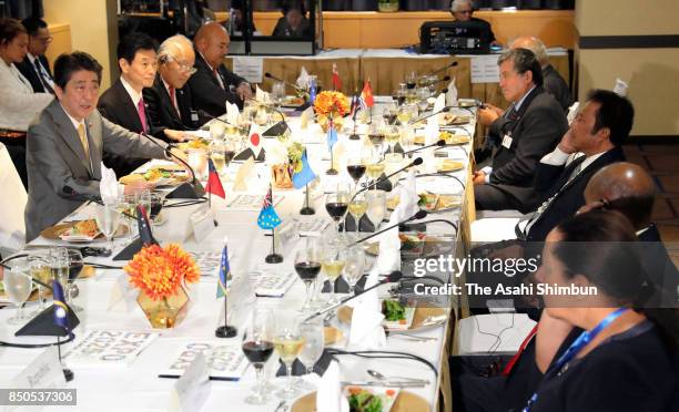 Japanese Prime Minister Shinzo Abe talks during the meeting with Pacific Islands leaders on September 20, 2017 in New York City. Abe is on 5-day tour...