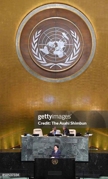 Japanese Prime Minister Shinzo Abe addresses during the United Nations General Assembly at the U.N. Headquarters on September 20, 2017 in New York...