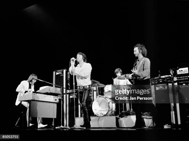 1st SEPTEMBER: American rock group The Doors perform on stage in Denmark in September 1968. Left to right: Ray Manzarek , Jim Morrison , John...
