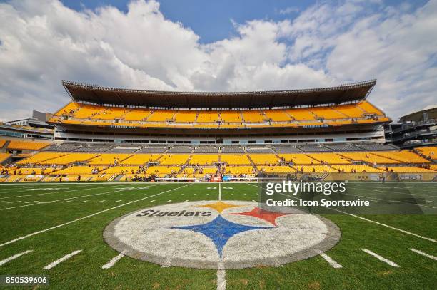 Detailed view of the official Pittsburgh Steelers logo on the field is seen during an NFL football game between the Minnesota Vikings and the...