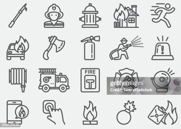 feuerwehr linie symbole - feuerwehrschlauch stock-grafiken, -clipart, -cartoons und -symbole