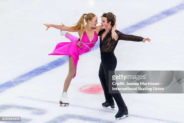 Ashlynne Stairs and Lee Royer of Canada compete in the Junior Ice Dance Short Dance during day one of the ISU Junior Grand Prix of Figure Skating at...