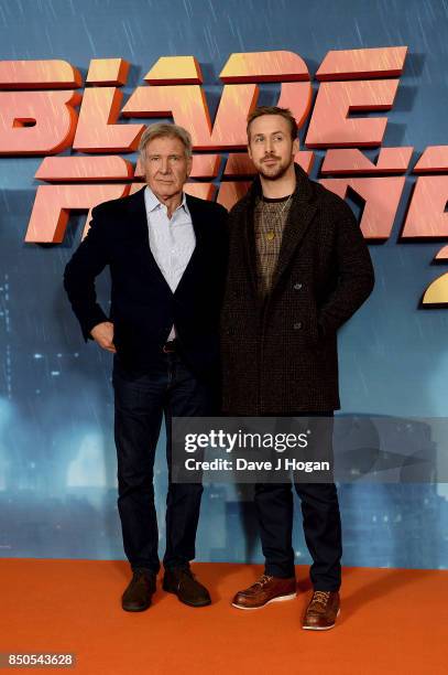 Harrison Ford and Ryan Gosling attend the 'Blade Runner 2049' photocall at The Corinthia Hotel on September 21, 2017 in London, England.