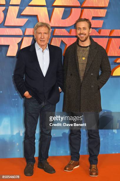 Harrison Ford and Ryan Gosling attend the "Blade Runner 2049" photocall at The Corinthia Hotel on September 21, 2017 in London, England.