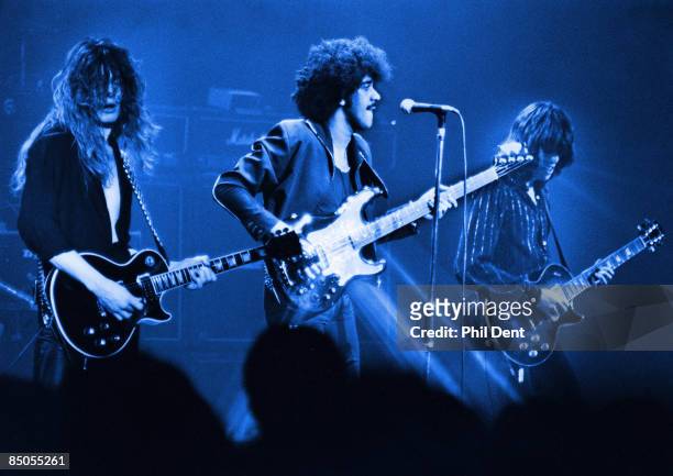 Photo of THIN LIZZY and John SYKES and Phil LYNOTT and Scott GORHAM; John Sykes, Phil Lynott and Scott Gorham performing live onstage