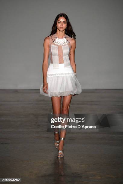 Model walks the runway at the Genny show during Milan Fashion Week Spring/Summer 2018 on September 21, 2017 in Milan, Italy.