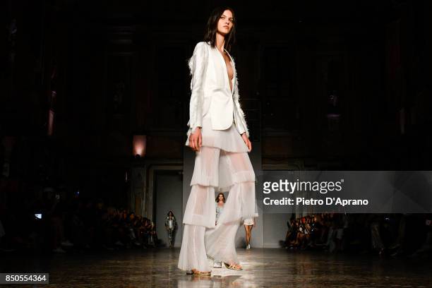 Model walks the runway at the Genny show during Milan Fashion Week Spring/Summer 2018 on September 21, 2017 in Milan, Italy.