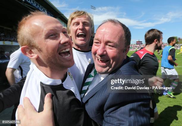 Yeovil Town manager Gary Johnson celebrates with assistant manager Terry Skiverton and coach Darren Way after the final whistle