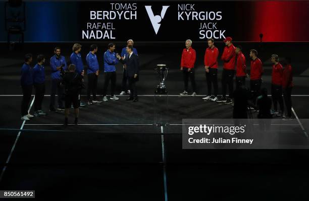 Team Europe, led by Bjorn Borg, Captain of Team Europe and Team World led by John Mcenroe, Captain of Team World line up during previews ahead of the...