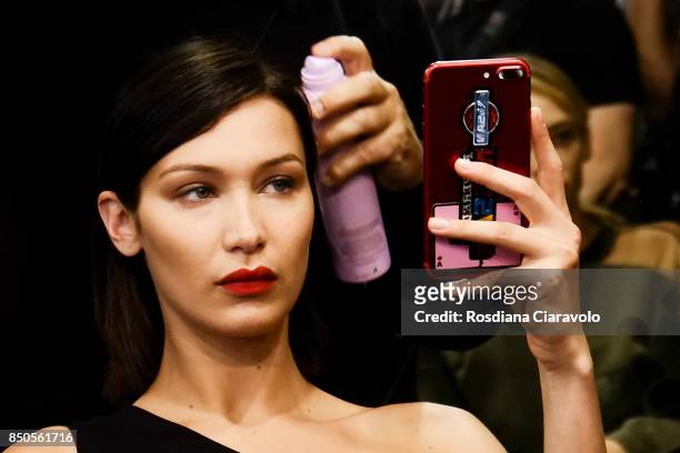 Bella Hadid is seen ahead of backstage the Max Mara show during Milan Fashion Week Spring/Summer 2018 on September 21, 2017 in Milan, Italy.