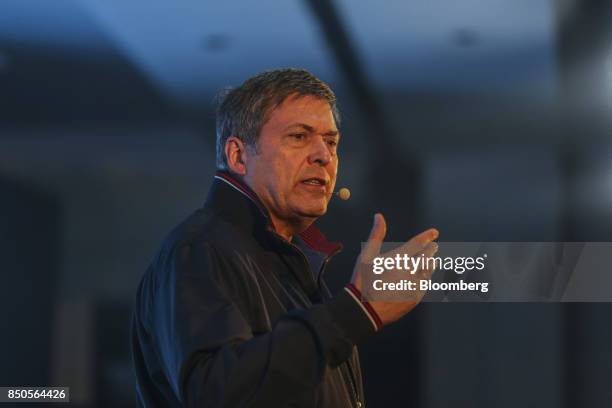 Guenter Butschek, chief executive officer of Tata Motors Ltd., speaks during the launch of the Nexon sports utility vehicle in Mumbai, India, on...