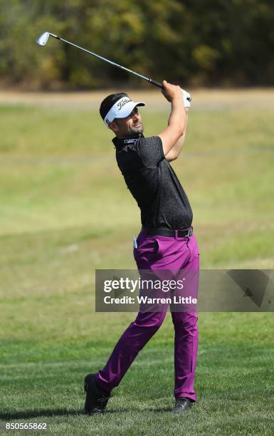 Lee Skattery of England plays his second shot on the 9th during day one of the 2017 Portugal Masters at Oceanico Victoria Golf Club on September 21,...