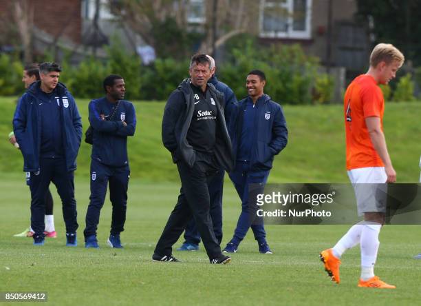 Phil Brown manager of Southend United and New signing Josh Wright of Southend United during Central League Cup match between Barnet Under 23s and...
