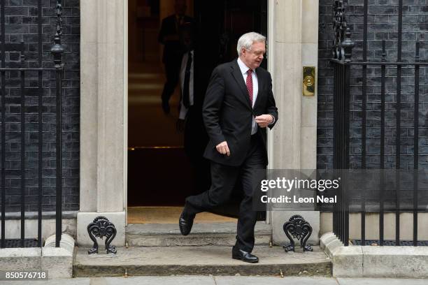 Britain's Brexit Secretary David Davis leaves number 10, Downing Street following an extended Cabinet meeting on September 21, 2017 in London,...
